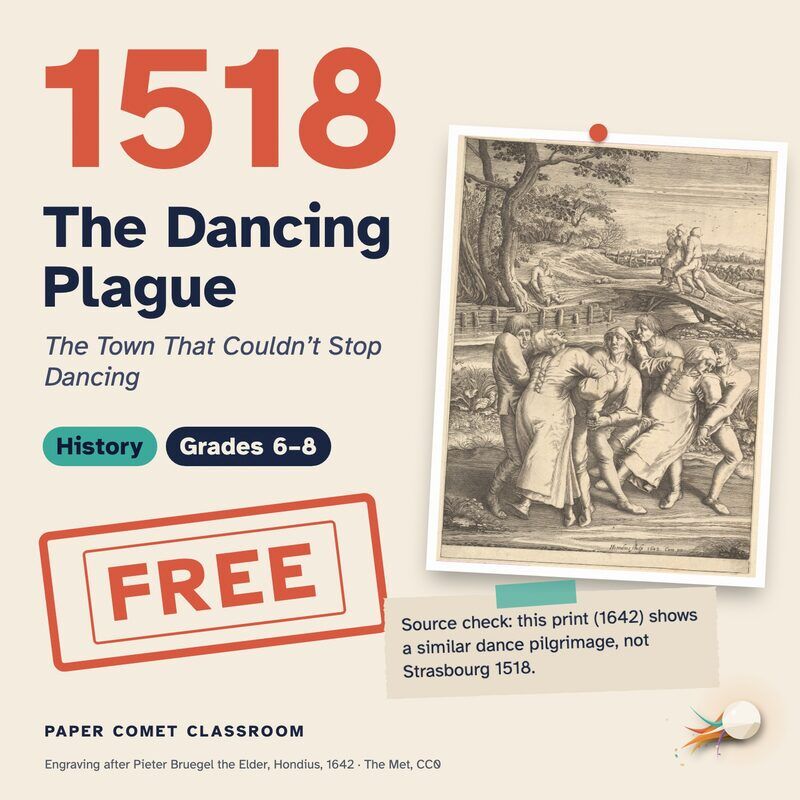 Paper Comet Classroom lesson pack cover: 1518, The Dancing Plague, with an old engraving.