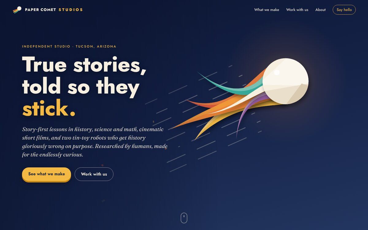 papercometstudios.com home page: a paper comet streaking across a night sky beside the headline True stories, told so they stick.