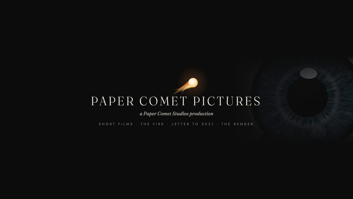 Paper Comet Pictures YouTube banner: the wordmark under a small comet of warm light, beside a close-up of an eye.